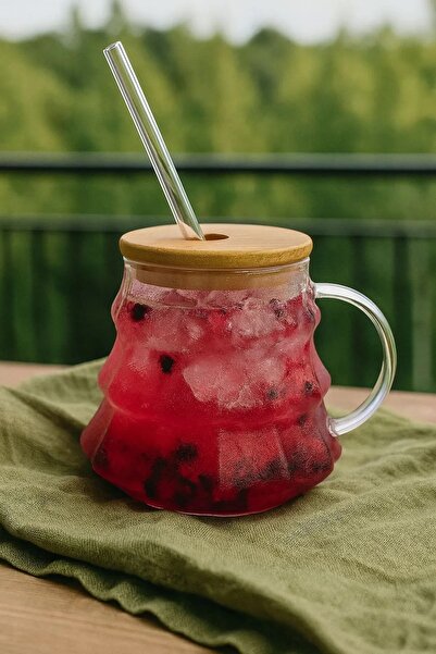 Golden Era كوب زجاجي بوروسيليكات سعة 400 مل بتصميم شجرة الصنوبر مع غطاء من الخيزران - مع حشوة سيليكون، يأتي مع شفاطة كهدية