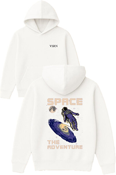 VSRN Hanorac alb supradimensionat cu glugă, cu imprimeu design „Space the Adv...