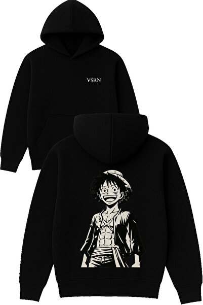 VSRN Hanorac negru supradimensionat cu glugă, cu imprimeu anime și design mus...