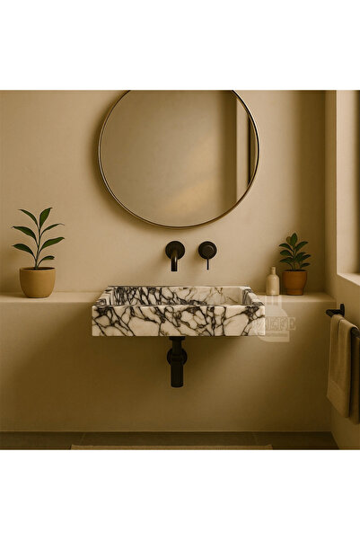 ÖZKAN Calacatta Noir Slim Kenar Lavabo – Dar Çerçeveli Modern Mermer Lavabo