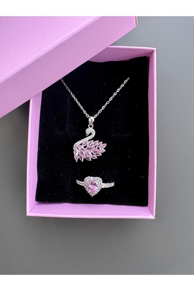 shop PEMBE KUĞU KOLYE YÜZÜK SETİ ÇELİK