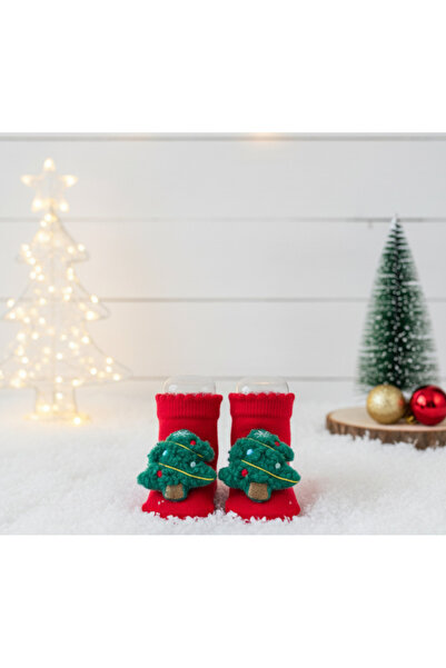 Bond and Bestie Red Baby Socks with Christmas Tree Figure – New Year Themed Newborn Socks and Children's Socks