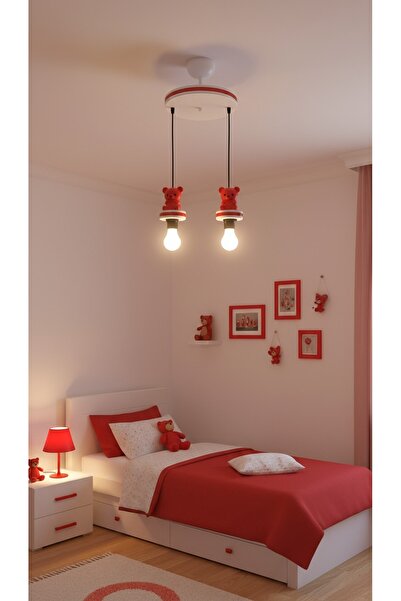 Eyzhen Çocuk Odası Kırmızı Ayı Figürlü Hologram Şeritli 2'li Sarkıt Avize