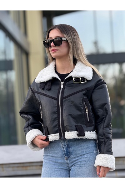 MİS MODA Leather Coat with Compressed Fur Inside