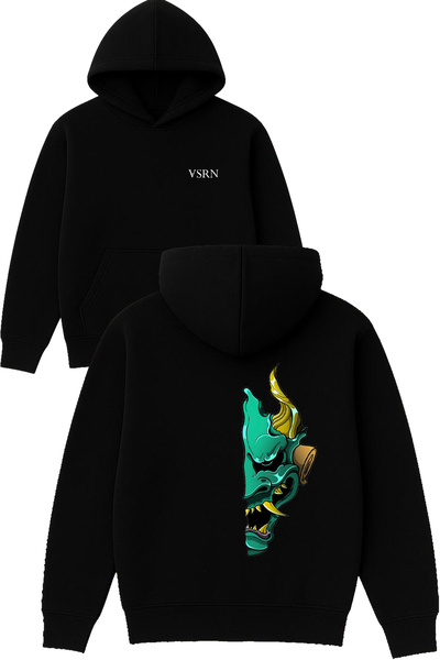 VSRN Hanorac negru supradimensionat cu glugă, cu imprimeu Monster Design
