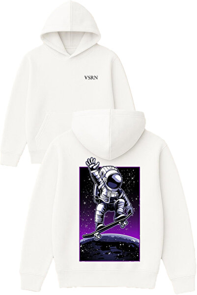 VSRN تصميم رائد الفضاء الذي يلوح بيده مطبوع قصة فضفاضة سويت شيرت أبيض بغطاء رأس