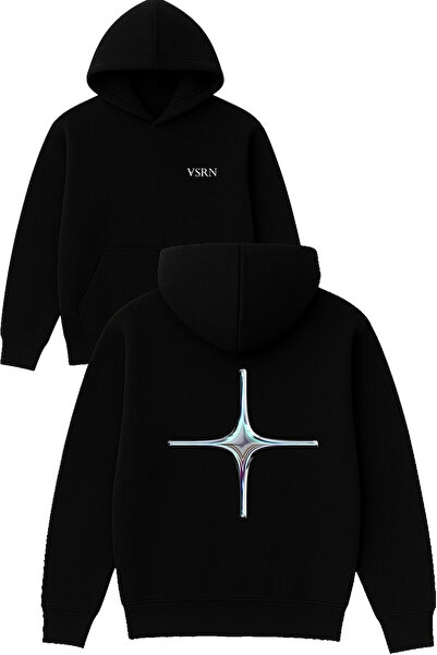 VSRN Hanorac negru supradimensionat cu glugă, cu imprimeu Artı Metal Design
