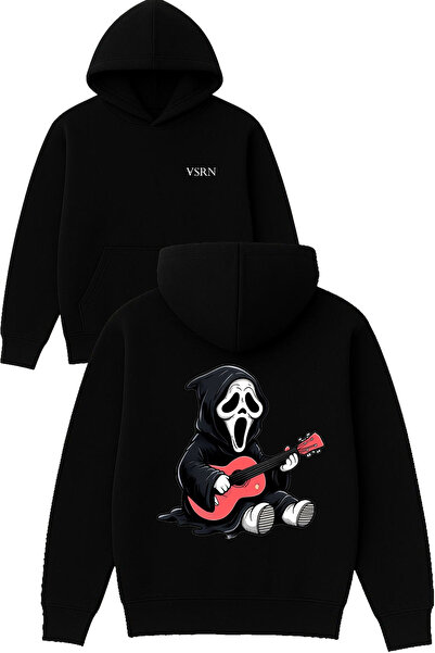 VSRN Hanorac negru supradimensionat cu glugă, cu imprimeu Ghost Guitarist Design