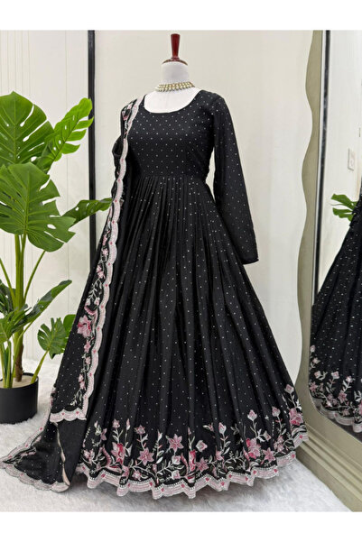 MYSMAR طقم من أعلى وأسفل ووشاح من حرير الشينون الأسود - HRT3449 | أسود