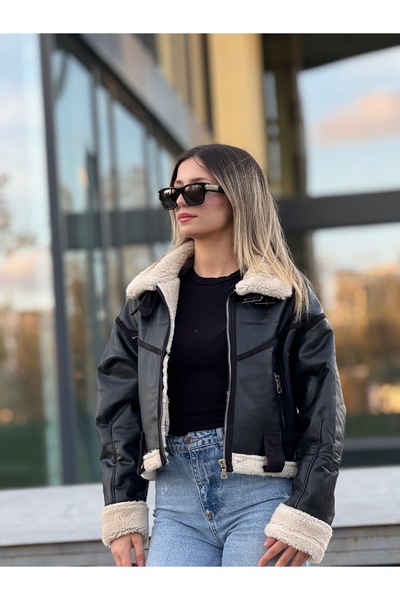 MİS MODA Leather Coat with Compressed Fur Inside