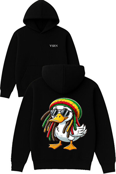 VSRN Hanorac negru supradimensionat cu glugă și imprimeu Bob Duck Design
