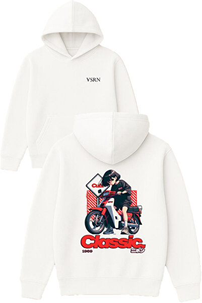 VSRN Hanorac cu glugă alb supradimensionat cu imprimeu Motorized Girl Design