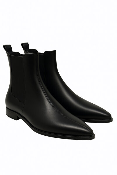 DRY SHOES Hakiki Deri Siyah Bot Ayakkabı Sivri Burun Düz Taban Yandan Lastikli DRY-2112