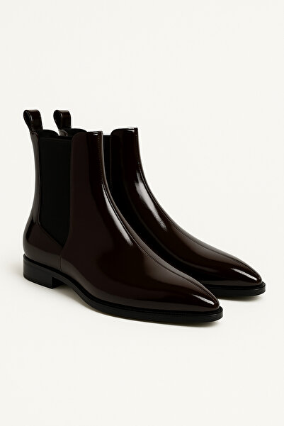 DRY SHOES Hakiki Deri Kahve Rugan Bot Ayakkabı Sivri Burun Düz Taban Yandan Lastikli DRY-2112