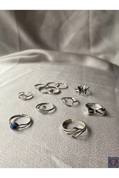 uyguntakıaksesuar Silver Color 12-Piece Steel Ring Set – Butterfly, Evil Eye ...
