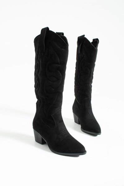 tivana Kadın Sivri Burun Topuklu Çizme Western - Siyah