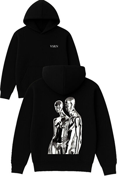 VSRN تصميم ميتاليك لافير مطبوع قصة فضفاضة سويت شيرت أسود بغطاء رأس