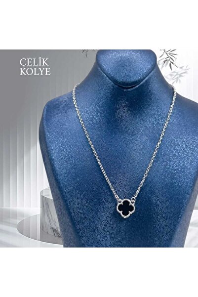 Yüzde Yüz Çelik Zincirli Siyah Yoncalı Kolye