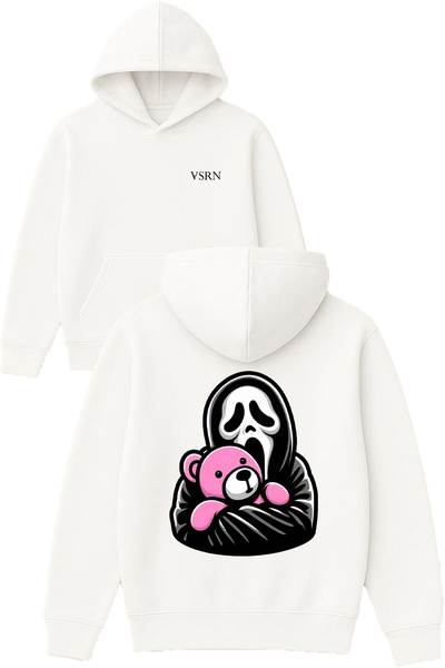 VSRN Hanorac alb supradimensionat cu glugă, cu imprimeu cu design Funky Ghost