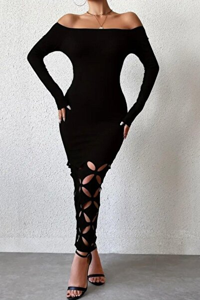 Mossta Madonna Collar Laser Cut Detailed Imported Crepe Dress - Black