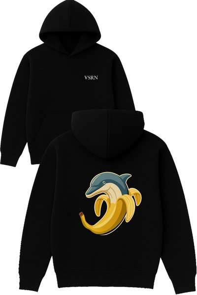 VSRN يونس موز ديزاين مطبوع قصة فضفاضة سويت شيرت أسود بغطاء رأس