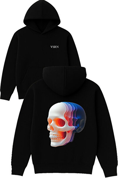 VSRN Hanorac negru supradimensionat cu glugă, cu imprimeu cu design craniu 3D