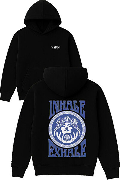 VSRN تصميم انهايل مطبوع قصة فضفاضة سويت شيرت أسود بغطاء رأس