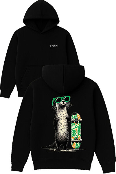 VSRN تصميم السنجاب الرائع مطبوع قصة فضفاضة سويت شيرت أسود بغطاء رأس