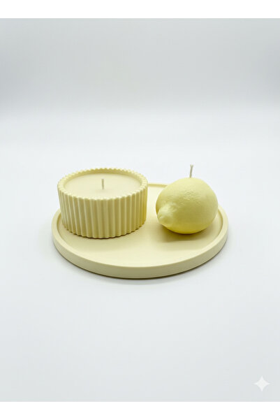 Ormira Konsept Yellow Round Candle Stone Plate Set and Lemon Shaped Candle