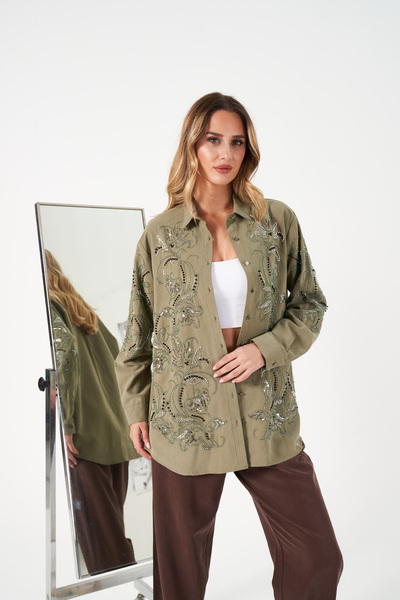 MİA NOURA Women's Front and Sleeves Embroidered Demi̇n Tansel Shirt