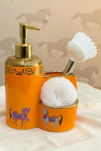 ALBETTO Premium Porselen Horse Sıvı Sabunluk,Fırçalı Süngerlik Bölmeli 47005