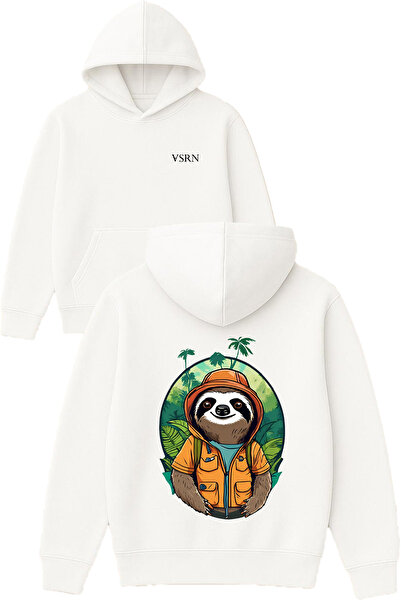 VSRN Sweatshirt alb supradimensionat cu glugă, cu imprimeu Explorer Sloth Design