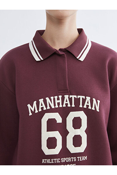 LC Waikiki Plum Polo Neck Manhattan Printed Women's Thick Sweatshirt