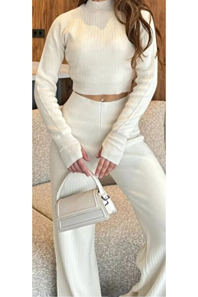 Esperar Women's Half Fisherman Knit Crop Sweater Pants Knitwear Bottom Top Set