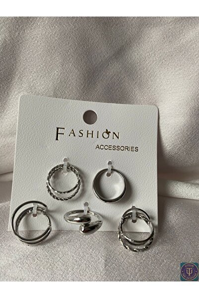 uyguntakıaksesuar Gümüş Renk 5’li Kalın Halka & Burgu Model Çelik Yüzük Seti ...