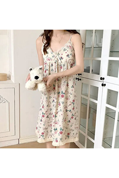 Muchmy Floral Pattern Spaghetti Strap Midi Length Women Lounge Home Nightwear