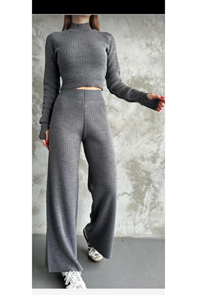 Esperar Pulover crop tricotat pe jumătate pentru femei, pantaloni, tricotaje set