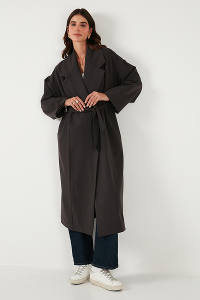 Lela Oversized Fit Double-Breasted Collar Belted Lined Trench Coat Trench Coat 6839617