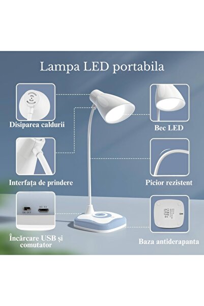Fresner LED lamp for desk or bedside table, portable, USB charging, 3 intensity levels plus night light mode