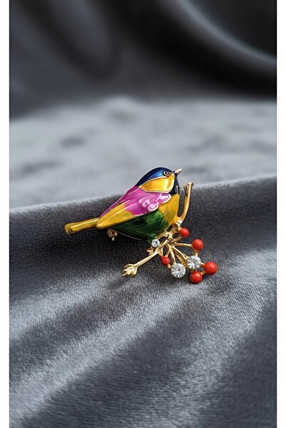 Jewerly 🌈 Renkli Emaye Kuş Broş Parlak Kristal Detaylı Serçe Model Yaka İğnesi