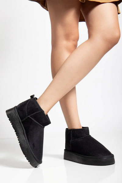 Genetti Nordia Women's Black Suede Short Winter Boots with Fur Inside, Non-Slip Sole, Soft Lining, Daily Comfortable