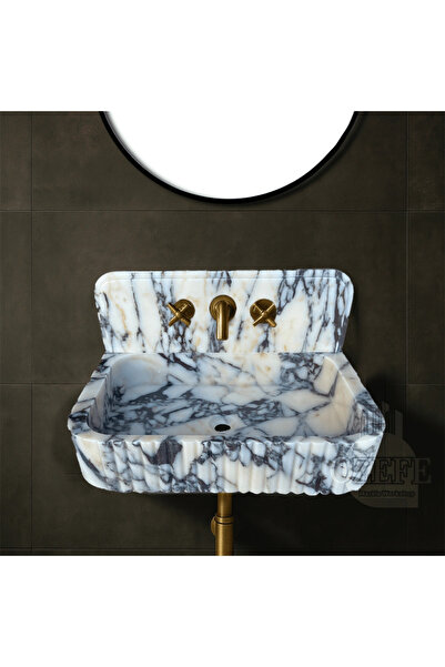 ÖZKAN Calacatta Viola Mermer Lavabo – Arka Panelli Oyma Tasarım