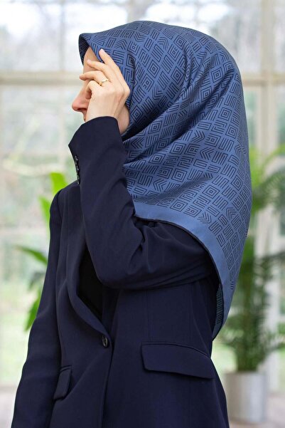Vissona 57% Silk 43% Viscose Twill Silk Ethnic Motif Patterned Indigo - Navy Blue Colored 90X90 Scarf Sewing Shape