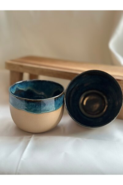 Vaveyla Sanat 2'li El Yapımı Stoneware Filtre Kahve / Latte Bardağı Seti | Mavi Seramik Kupa