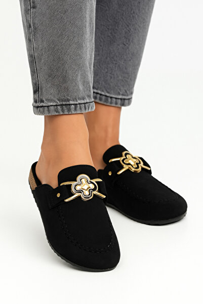 chichi Elegant black women's loafers with gold buckle - casual-chic model made of velour-type ecological leather