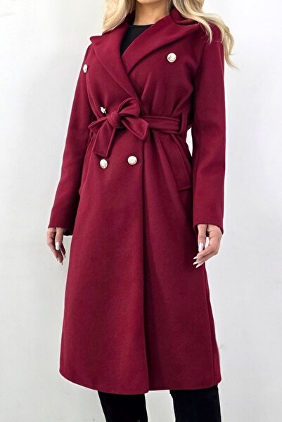 FashionForYou Thin midi coat, AVELYN, with gold buttons and drawstring, Burgundy, M