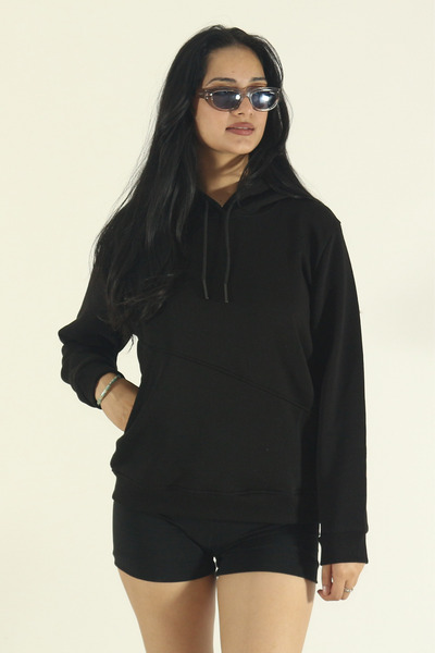 INFLUYENTE Women's Winter Cotton Puff Fabric Side Pocket Hooded Jogger Tracksuit Set