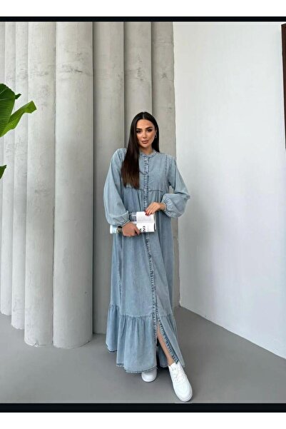 AXXAN Women's Denim Dress, Full-Length, Button-Down, Washed Denim