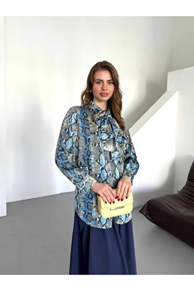 Milamia Kadın Fiyonklu Dijital Baskı Desenli Saten Gömlek