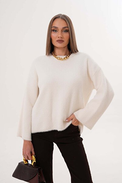 Laressi Crew Neck Bearded Plain Knit Sweater